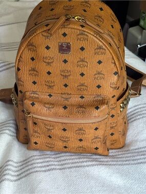 MCM Cognac Logo Coated Canvas Mini Backpack with Gold Hardware